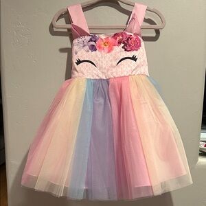 Pink and Rainbow unicorn Tulle Dress with Floral Accents